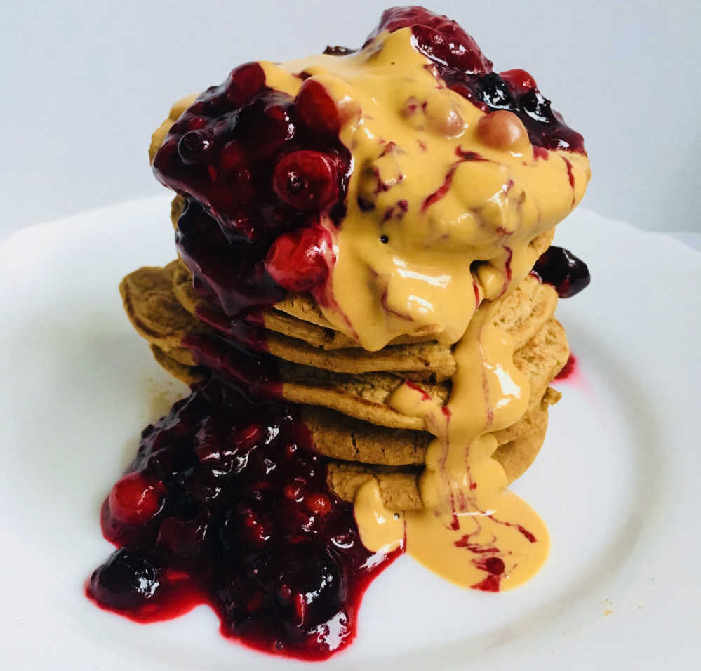 simple vegan protein pancakes with peanut butter and berries